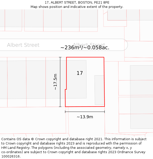 17, ALBERT STREET, BOSTON, PE21 8PE: Plot and title map