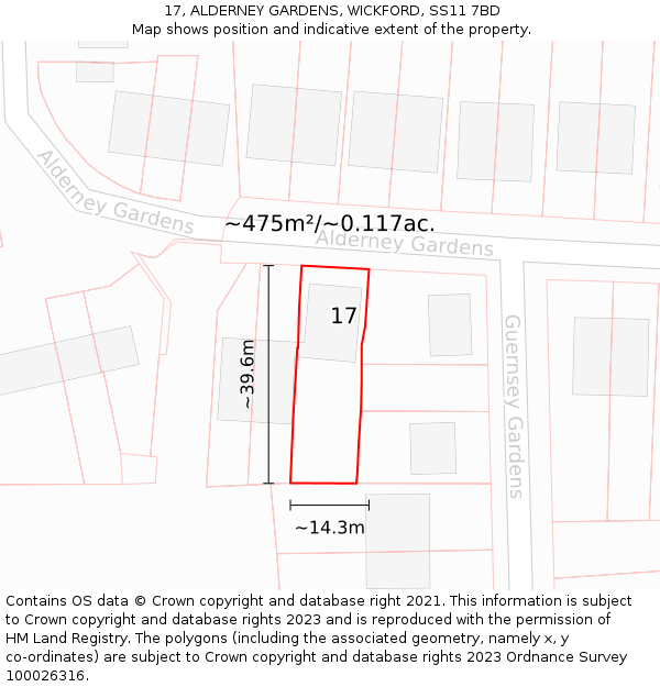 17, ALDERNEY GARDENS, WICKFORD, SS11 7BD: Plot and title map