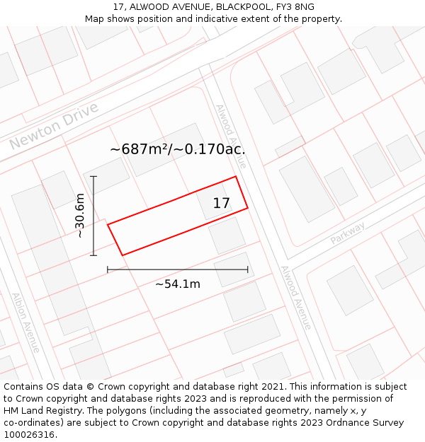 17, ALWOOD AVENUE, BLACKPOOL, FY3 8NG: Plot and title map