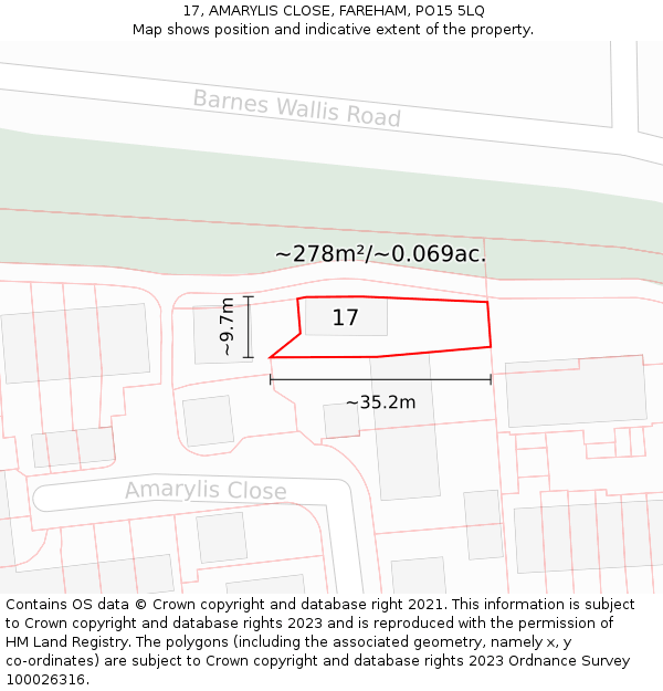 17, AMARYLIS CLOSE, FAREHAM, PO15 5LQ: Plot and title map