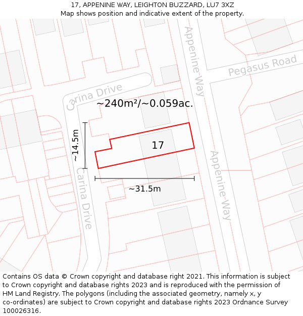 17, APPENINE WAY, LEIGHTON BUZZARD, LU7 3XZ: Plot and title map