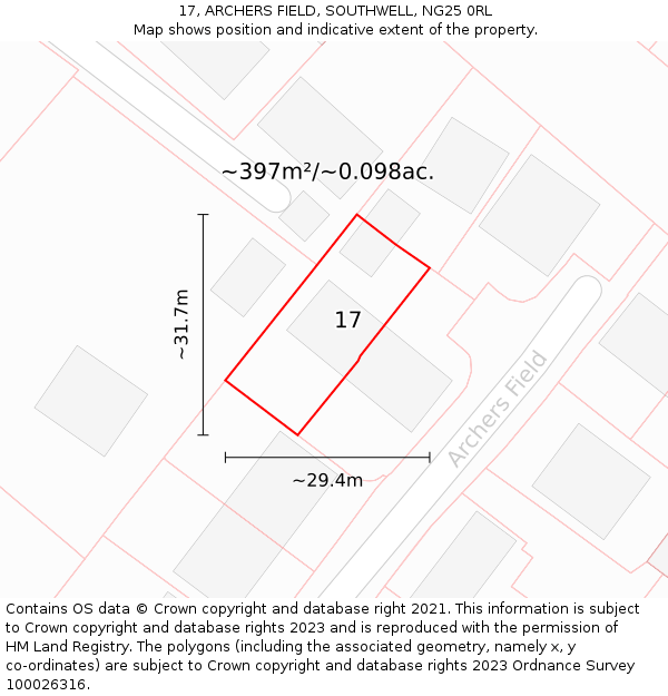 17, ARCHERS FIELD, SOUTHWELL, NG25 0RL: Plot and title map