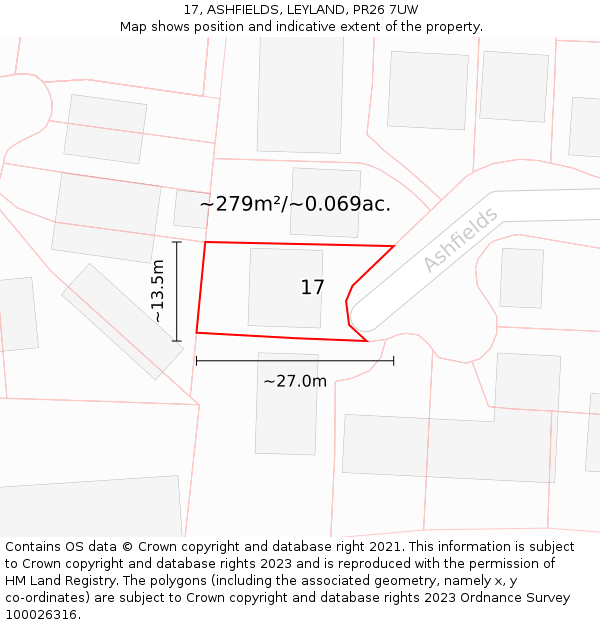 17, ASHFIELDS, LEYLAND, PR26 7UW: Plot and title map