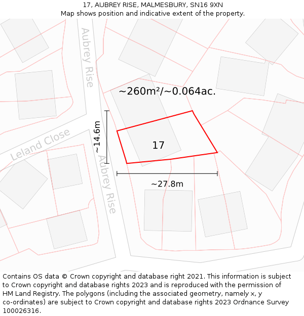 17, AUBREY RISE, MALMESBURY, SN16 9XN: Plot and title map