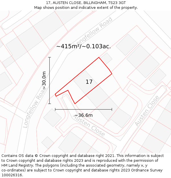 17, AUSTEN CLOSE, BILLINGHAM, TS23 3GT: Plot and title map