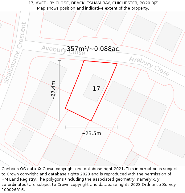 17, AVEBURY CLOSE, BRACKLESHAM BAY, CHICHESTER, PO20 8JZ: Plot and title map