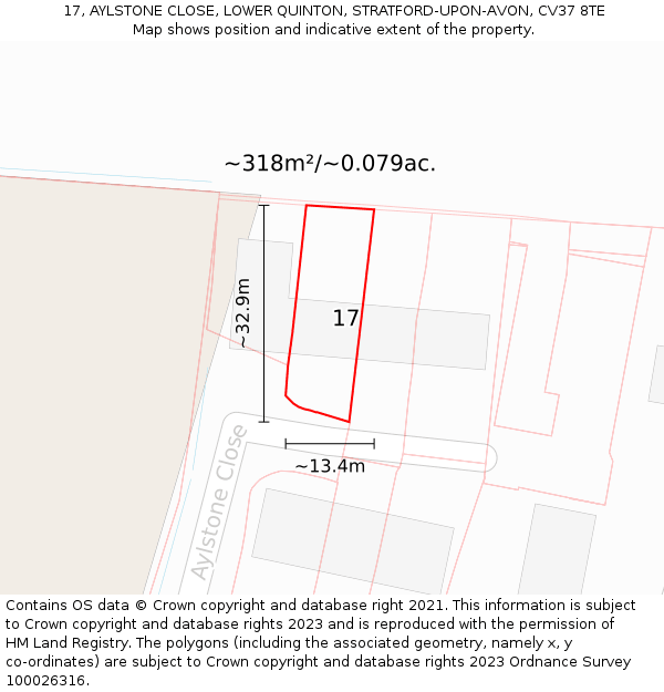 17, AYLSTONE CLOSE, LOWER QUINTON, STRATFORD-UPON-AVON, CV37 8TE: Plot and title map