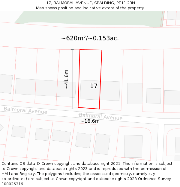 17, BALMORAL AVENUE, SPALDING, PE11 2RN: Plot and title map