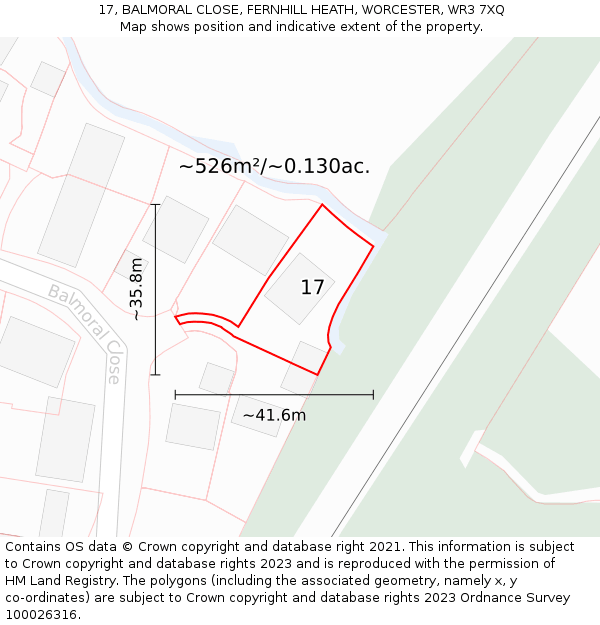 17, BALMORAL CLOSE, FERNHILL HEATH, WORCESTER, WR3 7XQ: Plot and title map