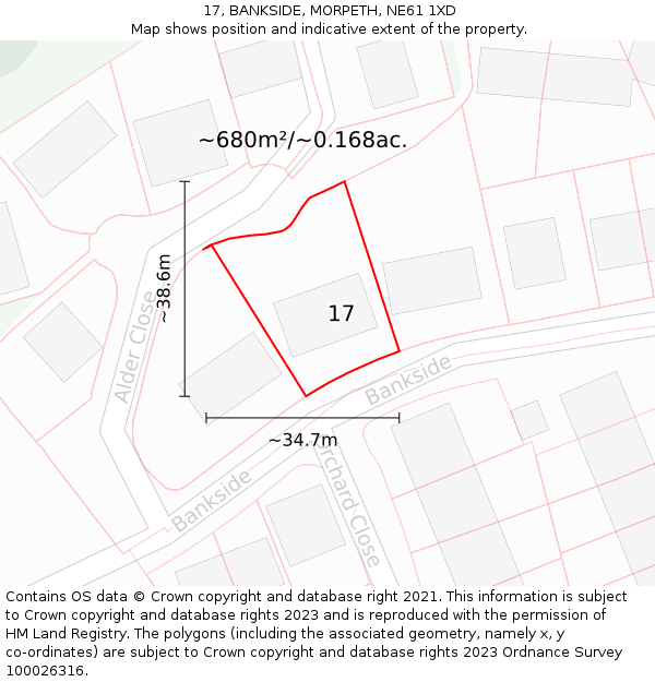 17, BANKSIDE, MORPETH, NE61 1XD: Plot and title map