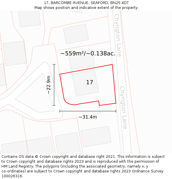 17, BARCOMBE AVENUE, SEAFORD, BN25 4DT: Plot and title map