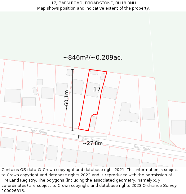 17, BARN ROAD, BROADSTONE, BH18 8NH: Plot and title map