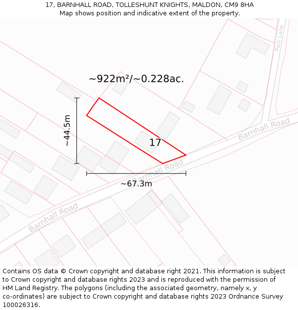 17, BARNHALL ROAD, TOLLESHUNT KNIGHTS, MALDON, CM9 8HA: Plot and title map