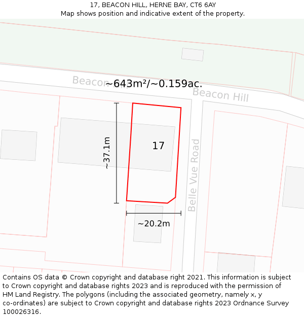 17, BEACON HILL, HERNE BAY, CT6 6AY: Plot and title map