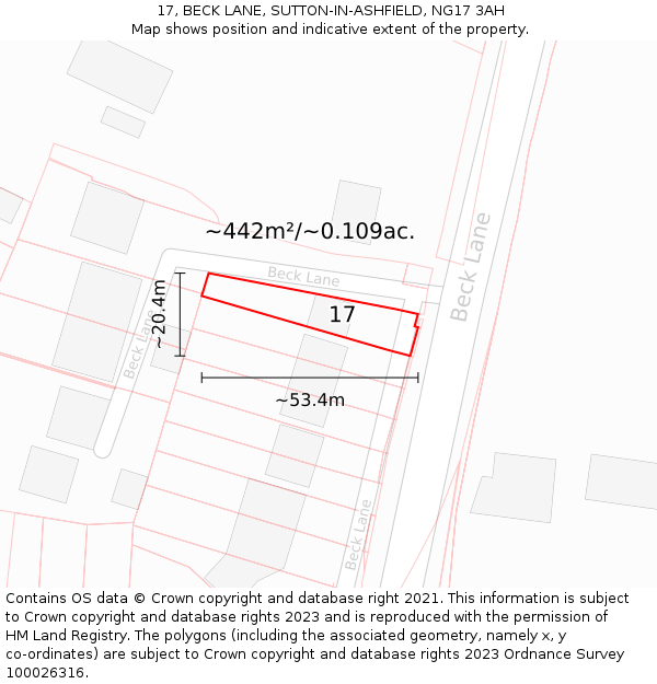 17, BECK LANE, SUTTON-IN-ASHFIELD, NG17 3AH: Plot and title map