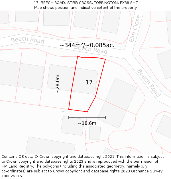 17, BEECH ROAD, STIBB CROSS, TORRINGTON, EX38 8HZ: Plot and title map