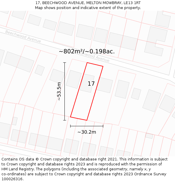 17, BEECHWOOD AVENUE, MELTON MOWBRAY, LE13 1RT: Plot and title map