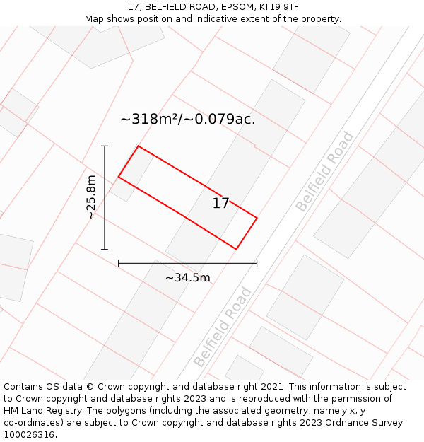 17, BELFIELD ROAD, EPSOM, KT19 9TF: Plot and title map