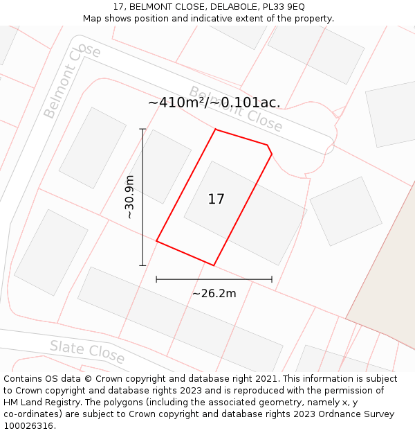 17, BELMONT CLOSE, DELABOLE, PL33 9EQ: Plot and title map