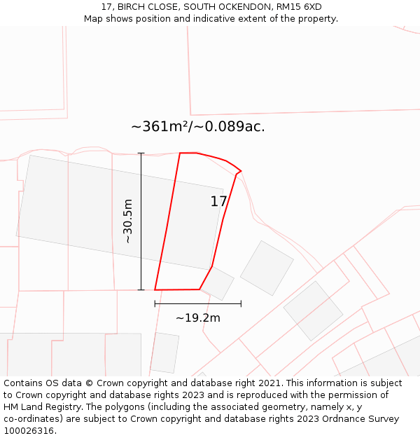 17, BIRCH CLOSE, SOUTH OCKENDON, RM15 6XD: Plot and title map