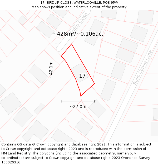 17, BIRDLIP CLOSE, WATERLOOVILLE, PO8 9PW: Plot and title map