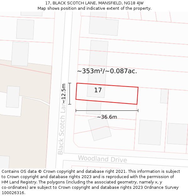 17, BLACK SCOTCH LANE, MANSFIELD, NG18 4JW: Plot and title map