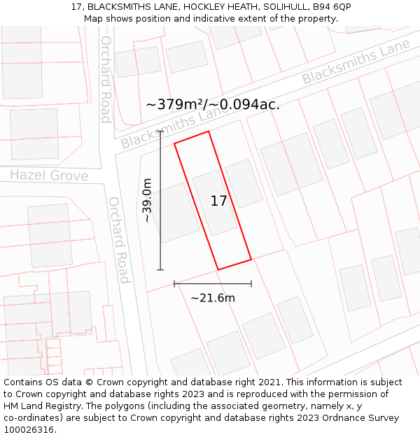 17, BLACKSMITHS LANE, HOCKLEY HEATH, SOLIHULL, B94 6QP: Plot and title map