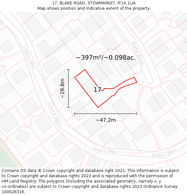 17, BLAKE ROAD, STOWMARKET, IP14 1UA: Plot and title map