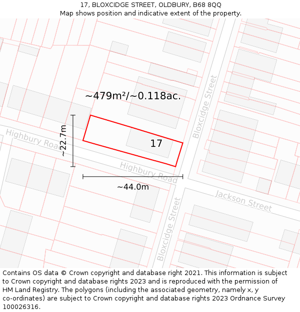17, BLOXCIDGE STREET, OLDBURY, B68 8QQ: Plot and title map