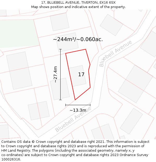 17, BLUEBELL AVENUE, TIVERTON, EX16 6SX: Plot and title map