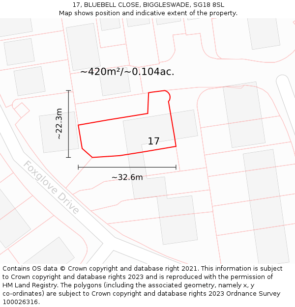 17, BLUEBELL CLOSE, BIGGLESWADE, SG18 8SL: Plot and title map