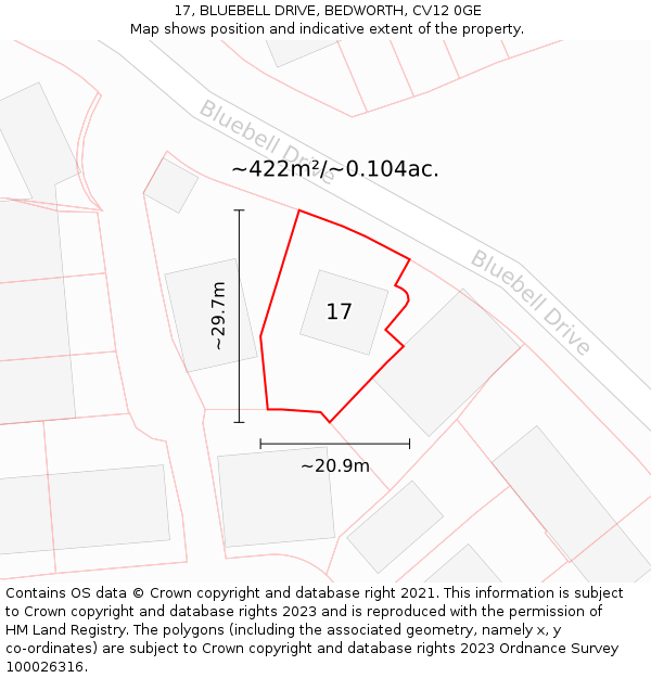 17, BLUEBELL DRIVE, BEDWORTH, CV12 0GE: Plot and title map