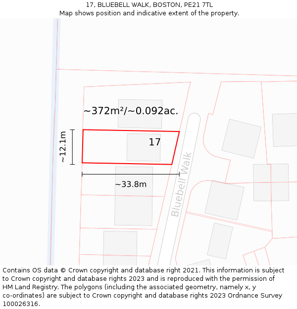 17, BLUEBELL WALK, BOSTON, PE21 7TL: Plot and title map