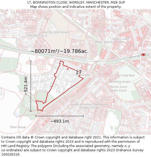 17, BONNINGTON CLOSE, WORSLEY, MANCHESTER, M28 3UP: Plot and title map