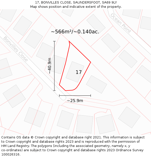 17, BONVILLES CLOSE, SAUNDERSFOOT, SA69 9LY: Plot and title map