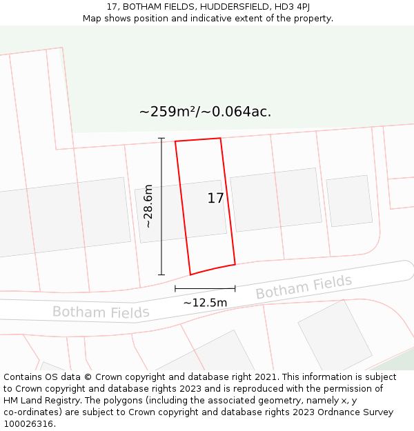 17, BOTHAM FIELDS, HUDDERSFIELD, HD3 4PJ: Plot and title map