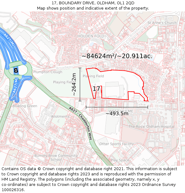 17, BOUNDARY DRIVE, OLDHAM, OL1 2QD: Plot and title map