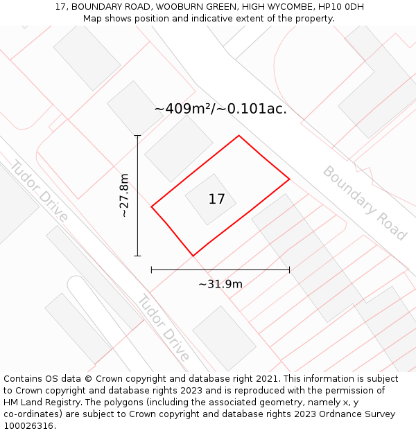 17, BOUNDARY ROAD, WOOBURN GREEN, HIGH WYCOMBE, HP10 0DH: Plot and title map