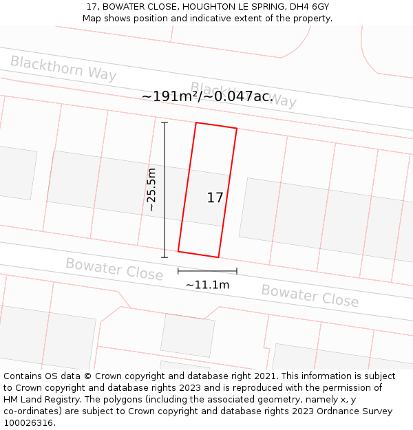 17, BOWATER CLOSE, HOUGHTON LE SPRING, DH4 6GY: Plot and title map