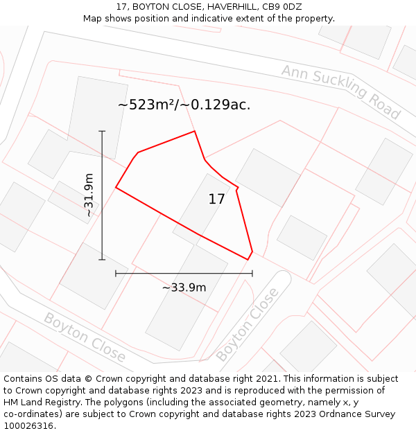 17, BOYTON CLOSE, HAVERHILL, CB9 0DZ: Plot and title map