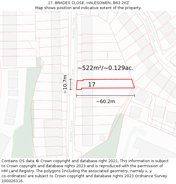 17, BRADES CLOSE, HALESOWEN, B63 2XZ: Plot and title map