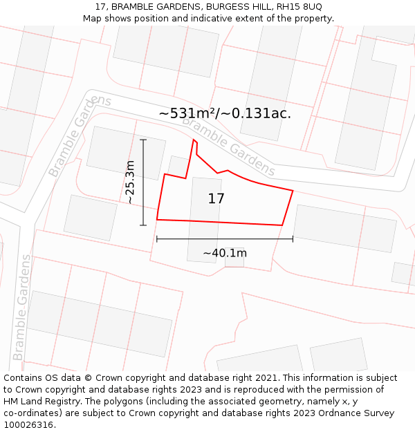 17, BRAMBLE GARDENS, BURGESS HILL, RH15 8UQ: Plot and title map