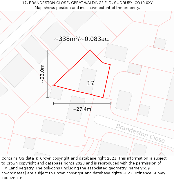 17, BRANDESTON CLOSE, GREAT WALDINGFIELD, SUDBURY, CO10 0XY: Plot and title map