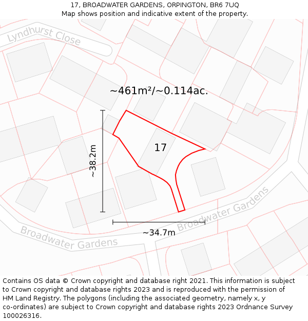 17, BROADWATER GARDENS, ORPINGTON, BR6 7UQ: Plot and title map