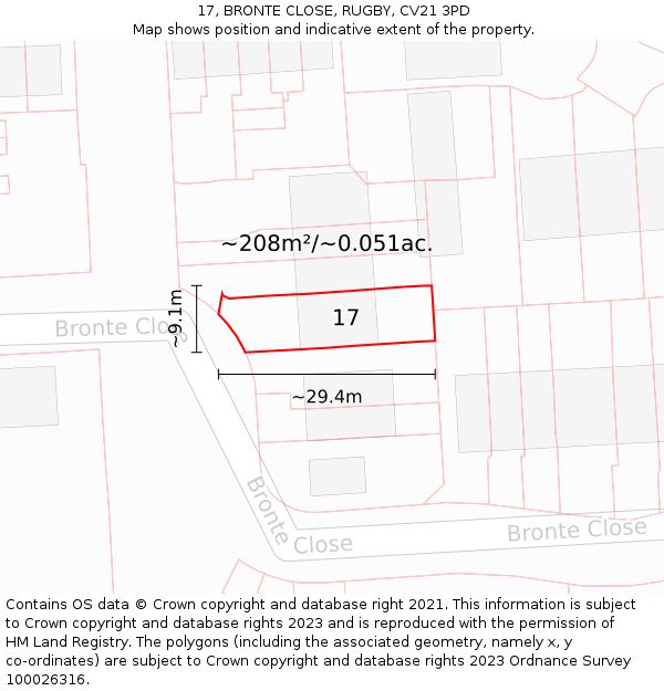 17, BRONTE CLOSE, RUGBY, CV21 3PD: Plot and title map