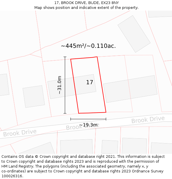 17, BROOK DRIVE, BUDE, EX23 8NY: Plot and title map