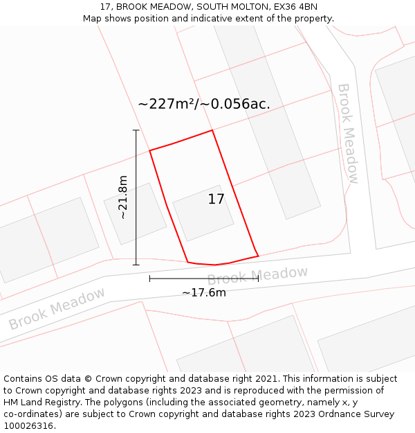 17, BROOK MEADOW, SOUTH MOLTON, EX36 4BN: Plot and title map