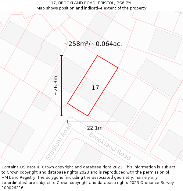 17, BROOKLAND ROAD, BRISTOL, BS6 7YH: Plot and title map