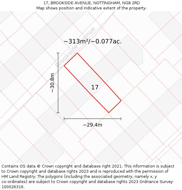 17, BROOKSIDE AVENUE, NOTTINGHAM, NG8 2RD: Plot and title map