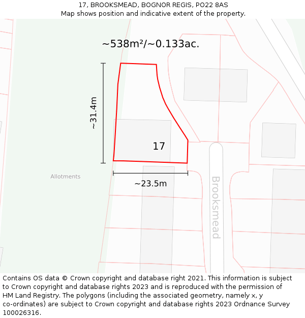 17, BROOKSMEAD, BOGNOR REGIS, PO22 8AS: Plot and title map